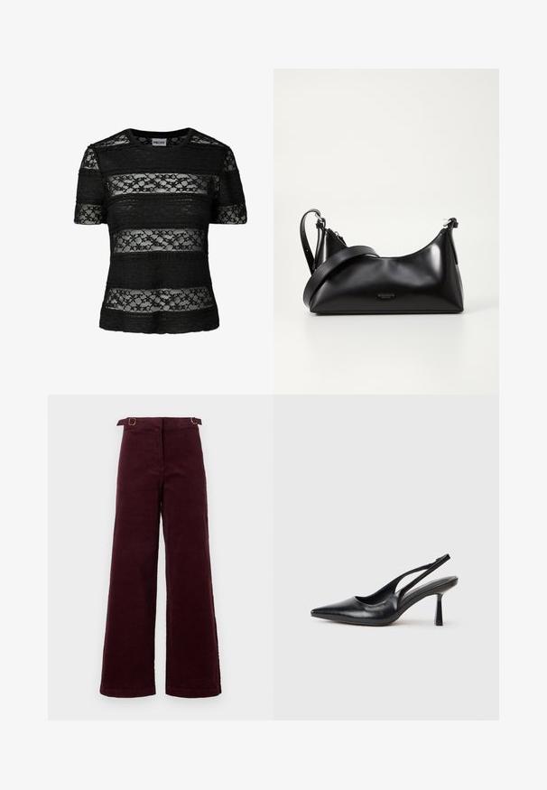 Haut noir à manches courtes avec des rayures horizontales alternant entre un tissu uni et une dentelle florale, doté d'un col rond.; Pantalons en velours côtelé à taille haute et jambes larges, de couleur bordeaux foncé, avec des sangles à boucle ajustables à la taille.; Chaussure à talon haut en cuir noir, à bride arrière, avec un bout pointu et un talon fin sur fond blanc.; Sac à main en cuir noir avec une texture lisse. Dispose d'une bandoulière adjustable et d'un design élégant et minimaliste avec une fermeture éclair.