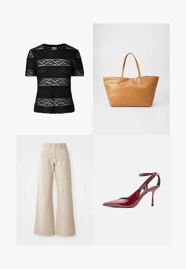 Haut noir à manches courtes avec des rayures horizontales alternant entre un tissu uni et une dentelle florale, doté d'un col rond.; Jean large beige en denim, avec une taille haute, des poches avant et un design uni sans motifs ni accents.; Chaussure à talon haut en cuir verni rouge avec bout pointu, bride de cheville et boucle, présentée de profil sur fond blanc.; Sac fourre-tout en cuir tressé marron avec deux anses, une ouverture en haut et une finition lisse. Présente un design spacieux et un motif texturé.