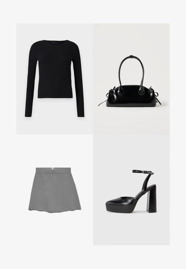 Camiseta de manga larga de punto negro con escote redondo. Hecha de una tela suave y elástica, presenta una silueta ajustada y detalles mínimos.; Falda gris hecha de tela suave, con cintura alta, forma acampanada y una cremallera oculta en la parte trasera.; Zapatos de tacón negro con punta afilada y correa ajustable en el tobillo. Confeccionados en cuero suave, presentan un tacón grueso.; Pequeño bolso negro brillante con dos asas largas y detalles de cordón lateral sobre un fondo claro liso.