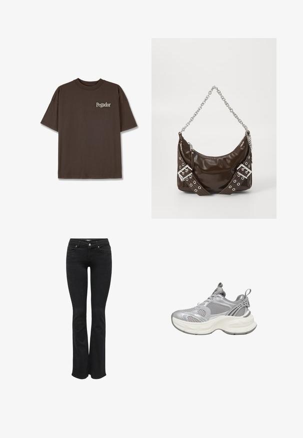 T-shirt en coton marron avec un col rond, des manches courtes et un petit logo blanc "Pegador" sur la poitrine. Texture lisse, coupe décontractée.; Jean noir évasé en denim stretch avec un design classique à cinq poches, doté d'une fermeture à bouton sur le devant et d'une légère texture.; Baskets athlétiques argentées avec une tige en mesh, une semelle arrondie, des détails texturés et des accents renforcés pour un soutien supplémentaire.; Sac à main en cuir verni marron foncé avec une bandoulière en chaîne argentée, des ceintures décoratives à double boucle et une fermeture éclair.