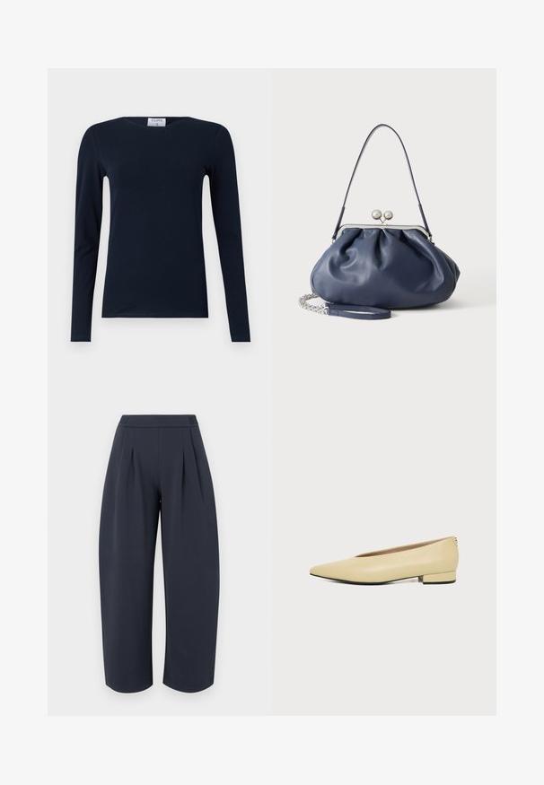 Camiseta de manga larga en color navy, hecha de algodón suave. Presenta un cuello redondo, un ajuste slim y un bajo regular sin patrones ni acentos visibles.; Pantalones anchos de pernera ancha y corte cropped en azul marino oscuro, con cintura alta y pliegues frontales, mostrados sobre un fondo claro y liso.; Zapato de mujer de cuero beige con tacón bajo, punta puntiaguda y diseño minimalista, mostrado de lado sobre un fondo liso.; Bolso de mano de cuero azul marino suave con cierre de broche plateado, una correa de hombro y correa de cadena desmontable para la muñeca sobre fondo blanco.