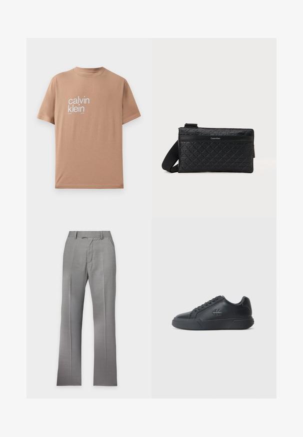 Camiseta de manga corta en tela de algodón marrón claro, con gran texto blanco "calvin klein" en el frente y diseño de cuello redondo.; Pantalones formales gris claro con pliegues, bolsillos delanteros, trabillas para cinturón y cierre frontal oculto, mostrados sobre un fondo blanco liso.; Las zapatillas negras de cuero cuentan con una punta redondeada, suela plana y un diseño de cordones. Los detalles notables incluyen un logotipo sutil en el lateral.; Bolso bandolera negro acolchado con un patrón texturizado, correa ajustable y un panel frontal con logo. Fabricado en cuero sintético.