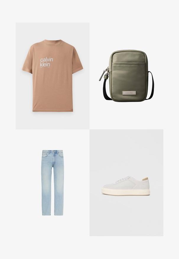 Korte mouw t-shirt in lichtbruin katoenmateriaal, met grote witte tekst "calvin klein" op de voorkant en een ronde halsontwerp.; Lichtblauwe straight-leg spijkerbroek met knoopsluiting aan de voorkant en een ontwerp met vijf zakken, inclusief een klein Calvin Klein-label op de voorzak.; Lichtgrijze sneakers met een glad synthetisch bovenwerk, ronde neus en een gestructureerde crème tussenzool. Lichte tan accenten op de hak.; Compact olijfgroene crossbodytas met voorvak, zwarte verstelbare band, ritssluiting en Calvin Klein logoplaatje.