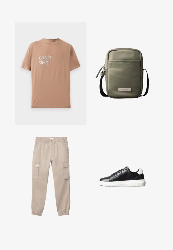 Kurzärmliges T-Shirt aus hellbraunem Baumwollstoff, mit großem weißen Text "calvin klein" auf der Vorderseite und Rundhalsausschnitt.; Beige Cargohose mit elastischem Bund und Bündchen, Knopfverschluss, Seitentaschen und Klappentaschen an beiden Oberschenkeln. Kleines Logo auf der Klappe der linken Tasche.; Schwarze Ledersneaker mit glatter Textur, weißer Gummisohle, Schnürdesign und kontrastierendem weißen Fersenakzent.; Kompakte olivgrüne Umhängetasche mit Vordertasche, schwarzem verstellbarem Riemen, Reißverschluss und Calvin Klein Logo-Plakette.