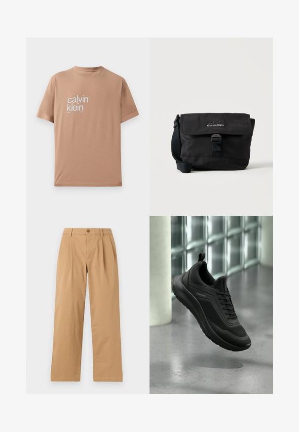 Kortærmet T-shirt i lys brun bomuldsstof med stor hvid tekst "calvin klein" på forsiden og rund halsudskæring.; Lysebrune bukser med lige ben, forplisseringer foran, bæltestropper og knaplukning ved taljen mod en ensfarvet baggrund.; Sort Calvin Klein-sneaker med mesh og syntetisk overdel, tyk sål og snørebånd, der svæver over et gråt gulv nær glasblokke.; Sort Calvin Klein skuldertaske med frontklap, spænde lukning og justerbar rem på hvid baggrund.