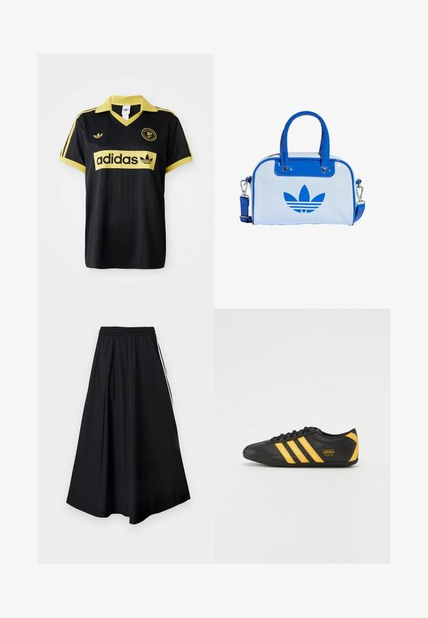 Čierny športový dres s žltými akcentmi, s pruhovaným dizajnom, v golieri vo forme písmena V a s logom adidas zreteľne zobrazeným na hrudi.; Čierne nohavice s širokými nohavicami, elastickým pásom a bielymi bočnými pruhmi, zobrazené na jednoduchom bielom pozadí.; Čierne kožené atletické topánky s žltým trojpruhovým dizajnom, okrúhlou špičkou, čiernymi šnúrkami a malým logom na strane. Nízky profil.; Modrá a biela kabelka s lesklým povrchom, vybavená dvomi modrými rukoväťami, odnímateľným ramenným popruhom a výrazným modrým logom vpredu.