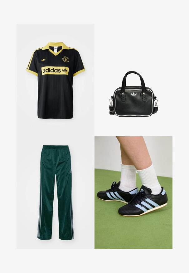 Čierny športový dres s žltými akcentmi, s pruhovaným dizajnom, v golieri vo forme písmena V a s logom adidas zreteľne zobrazeným na hrudi.; Tmavozelené športové nohavice vyrobené z lesklého materiálu, s bočnými pruhmi v svetlošedej farbe a vyšitým logom na ľavom stehne.; Čierne kožené športové topánky so svetlomodrými pruhmi, textúrovanými zvrškom a gumovou podrážkou, v kombinácii s bielymi rebrovanými ponožkami na zelenej podlahe.; Čierna kožená kabelka s dvoma krátkymi držadlami, striebornými kovovými doplnkami, bielymi akcentmi a bielym logom. Vyznačuje sa textúrovaným povrchom a kompaktným dizajnom.