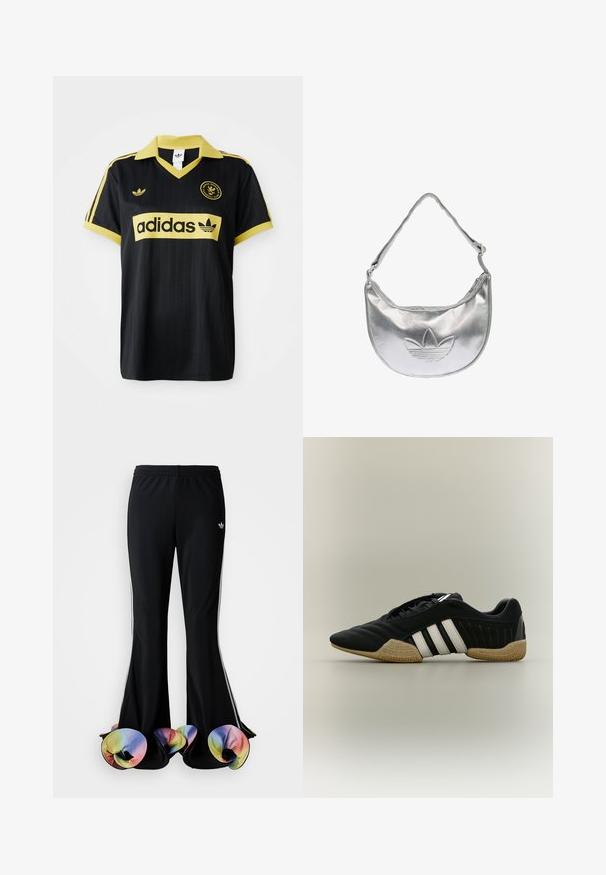 Zwarte sporttrui met gele accenten, voorzien van een gestreept ontwerp, een V-hals kraag en het adidas-logo dat prominent op de borst is weergegeven.; Zwarte sportbroek met een brede, uitlopende snit. Voorzien van kleurrijke, gerimpelde onderranden en witte zijstrepen. Gemaakt van rekbaar materiaal.; Zwart sportief schoen met witte strepen en beige getextureerde zool op een neutrale achtergrond, weergegeven in zijprofiel.; Zilverkleurige metallic schoudertas met een ritssluiting bovenaan en een reliëflogo van Adidas trefoil aan de voorkant in het midden.