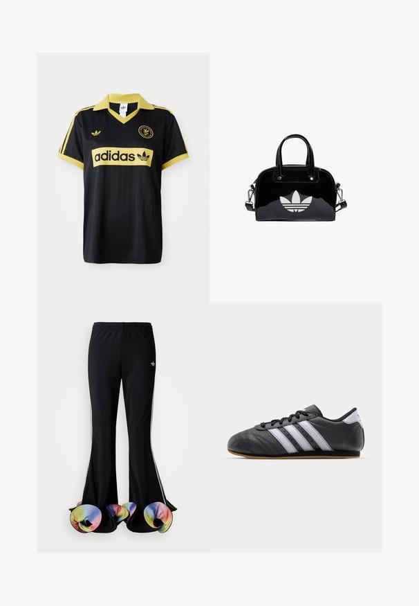 Čierny športový dres s žltými akcentmi, s pruhovaným dizajnom, v golieri vo forme písmena V a s logom adidas zreteľne zobrazeným na hrudi.; Čierne športové nohavice s širokým rozšíreným strihom. Majú farebné, volánkové spodné okraje a biele bočné pruhy. Vyrobené z elastického materiálu.; Čierne kožené športové topánky s bielymi pruhmi, okrúly špička, plochá podrážka a šnurovanie. Obsahujú perforácie pre lepšiu priedušnosť.; Čierna lakovaná kožená kabelka s okrúhlym tvarom, dvojitými hornými rúčkami, striebornými akcentmi a výrazným bielym logom na prednej strane.