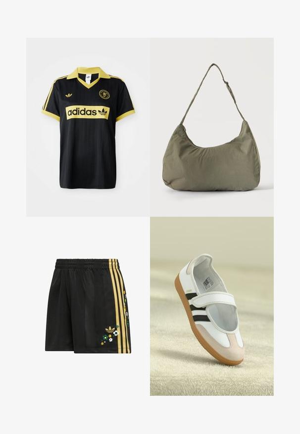 Čierny športový dres s žltými akcentmi, s pruhovaným dizajnom, v golieri vo forme písmena V a s logom adidas zreteľne zobrazeným na hrudi.; Čierne športové šortky s elastickým pásom, s tromi zlatými pruhmi na boku a kvetinovou výšivkou v rôznych farbách.; Biele topánky s ružovým semišovým špičkou, čiernymi pruhmi a suchým zipsom. Majú hnedú gumovú podrážku a logo po boku.; Olivovo zelená mäkká látková taška cez rameno so zipsovým uzáverom a nastaviteľným popruhom na svetlom jednofarebnom pozadí.