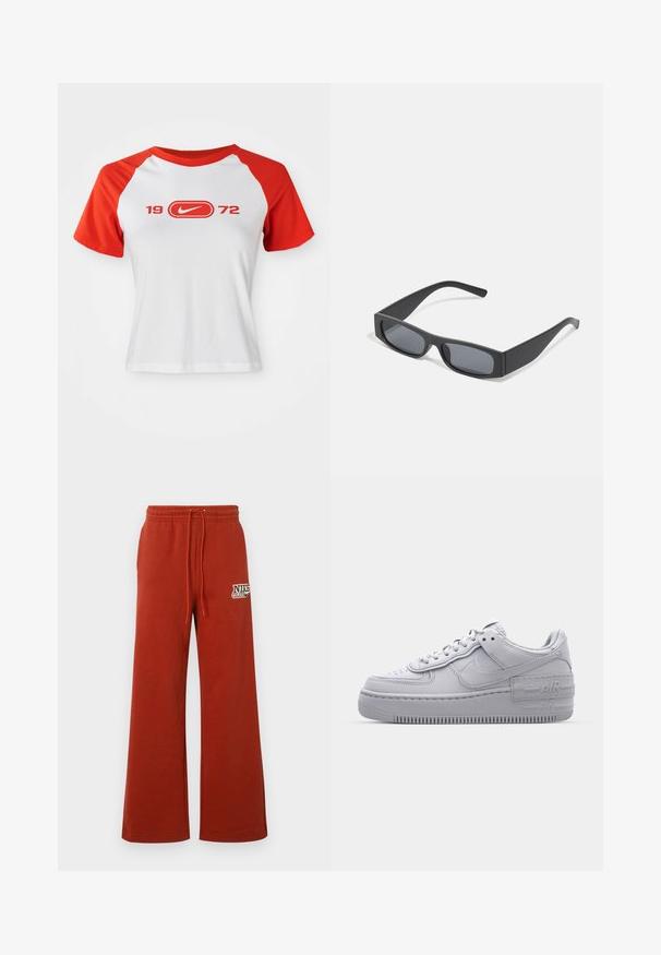 T-shirt Nike avec un corps blanc et des manches raglan rouges. Présente "1972" et un logo en rouge sur la poitrine. Fabriqué en tissu jersey lisse.; Pantalon de survêtement rouge à jambes larges avec une taille élastique et un cordon de serrage. Présente un logo Nike imprimé sur le côté gauche. Texture douce, design décontracté.; Basket en cuir lisse gris Nike Air Force 1 avec un bout perforé, une semelle épaisse et un détail 'AIR' en relief sur le talon.; Lunettes de soleil noires rectangulaires avec des verres foncés et des montures en mat épais. Les branches sont légèrement effilées avec une texture lisse.