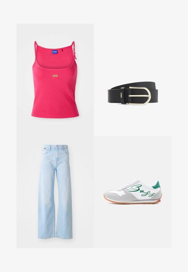 Débardeur rose ajusté en tissu côtelé. Présente des bretelles réglables et une petite étiquette logo marron à l'avant. Texture lisse.; Jeans à jambes larges bleu clair en denim, à taille haute, avec poches avant, fermeture à bouton et détails de couture au bas.; Baskets profil bas en daim blanc et gris, avec un onglet vert au talon, une semelle gomme et un grand logo "Boss" vert en écriture cursive sur le côté.; Ceinture en cuir noir avec boucle métallique dorée en forme de D et petit logo Hugo doré sur la boucle, enroulée sur un fond blanc.