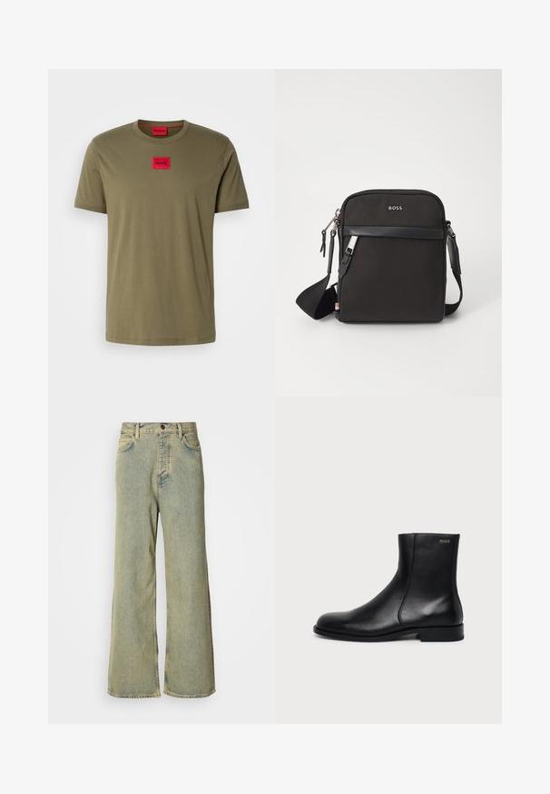Olivegrünes Baumwoll-T-Shirt mit Rundhals, kurzen Ärmeln und einem roten quadratischen Logo-Patch auf der Brust. Glatte Textur.; Weite Jeans aus hellblauem Denim, mit hohem Bund, klassischem Five-Pocket-Design und Knopfverschluss vorne.; Schwarzer Leder-Knöchelstiefel mit niedrigem Absatz, seitlicher Naht und kleinem "HUGO" Logo am oberen Schaft vor einfarbigem Hintergrund.; Schwarze Umhängetasche aus strukturiertem Stoff, mit Logo auf der Vorderseite, Reißverschluss und verstellbarem Tragegurt. Verfügt über eine glatte Lederbesatz.
