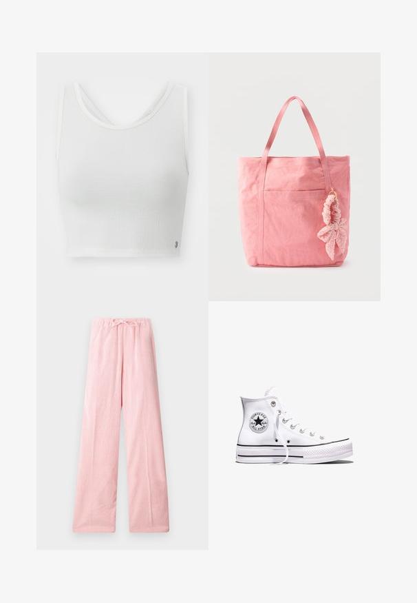 Top court blanc avec un tissu texturé, décolleté arrondi et un design à dos superposé avec un petit logo accentué sur le côté.; Pantalons large rose clair en tissu doux, dotés d'une taille élastique avec cordon de serrage pour un ajustement réglable et une texture subtile.; Baskets blanches montantes Converse Chuck Taylor All Star avec des rayures noires et un patch logo sur le côté, présentées sur un fond blanc uni.; Sac fourre-tout en toile rose avec deux anses et un scrunchie en tissu rose attaché en forme de feuille sur fond blanc.
