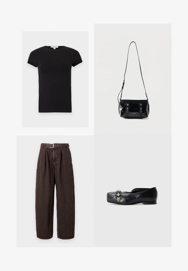T-shirt noir cintré à manches courtes avec col rond et petite étiquette blanche Topshop au niveau de l'encolure.; Pantalon ample marron foncé avec plis et ceinture à boucle argentée à la taille, présenté sur un fond clair uni.; Chaussure plate en cuir noir avec un bout carré, sangle élastique et ornement métallique à l'avant, présentant une texture lisse et un talon minimal.; Sac à bandoulière en cuir noir avec sangle réglable, deux fermetures éclair verticales sur le devant et un petit emblème métallique en forme d'aile sous les fermetures éclair.