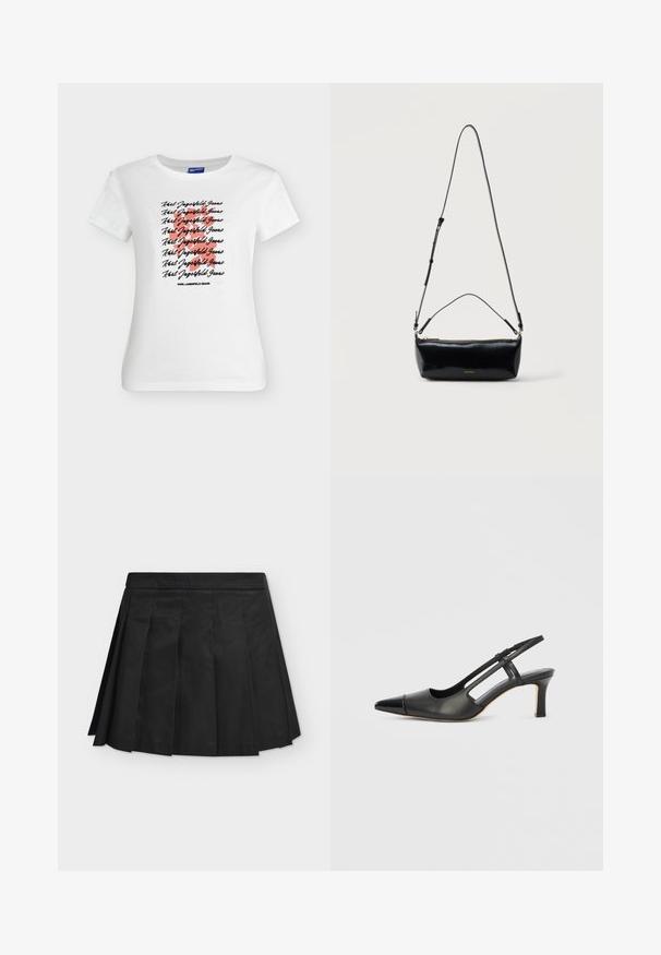 Λευκό T-shirt με κοντά μανίκια που διαθέτει επαναλαμβανόμενο μαύρο καλλιγραφικό κείμενο "Karl Lagerfeld Jeans" πάνω από ένα μεγάλο κόκκινο ερωτηματικό μπροστά.; Μαύρη πλισέ μίνι φούστα με φαρδύ ελαστικό ζωνάκι, ομοιόμορφα κατανεμημένες πτυχώσεις, παρουσιάζεται απλωμένη σε ανοιχτό γκρι φόντο.; Μαύρο δερμάτινο παπούτσι slingback με μυτερή μύτη, που διαθέτει γυαλιστερή λεπτομέρεια στην άκρη της μύτης και μεσαίου ύψους τακούνι. Σχεδίαση με ανοιχτές πλευρές.; Μαύρη ορθογώνια δερμάτινη τσάντα χιαστί με ρυθμιζόμενο λουράκι ώμου, επάνω φερμουάρ και μικρό χρυσό λογότυπο Calvin Klein στο μπροστινό μέρος.