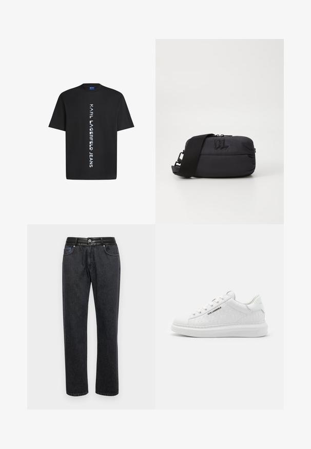 Black cotton t-shirt featuring vertical white text reading "KARL LAGERFELD JEANS." Classic crew neck and short sleeves. Smooth texture.; Black denim jeans with a straight fit, featuring a smooth leather waistband, front pockets, and subtle stitching details.; White sneaker made of smooth leather with embossed pattern. Features round toe, lace-up front, and textured sole. Silver logo detail on side.; Black nylon crossbody bag with a smooth texture, zip closure, adjustable strap, and embossed logo detail on the front.