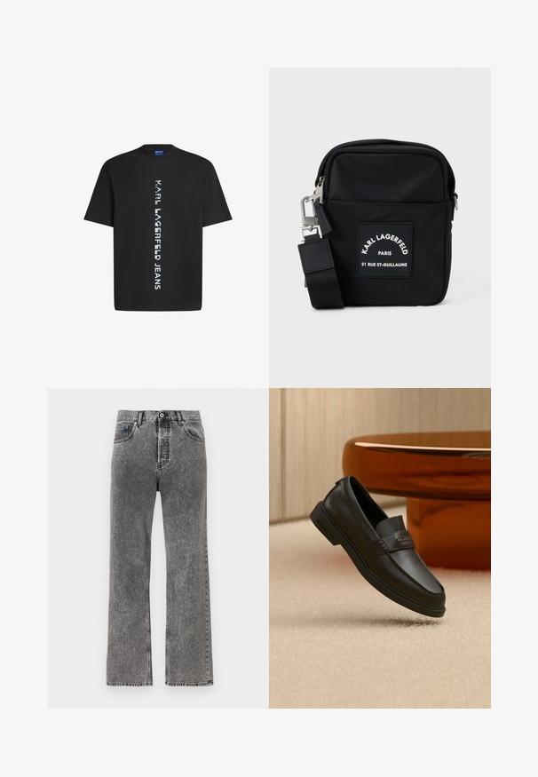 Black cotton t-shirt featuring vertical white text reading "KARL LAGERFELD JEANS." Classic crew neck and short sleeves. Smooth texture.; Straight-leg black washed denim jeans with front button and zipper, belt loops, and five-pocket design.; Black leather slip-on shoe with stitched accents, raised collar, and a flat rubber sole, positioned above a soft beige surface.; Black nylon crossbody bag with a rectangular shape, featuring a front patch label, silver hardware, and an adjustable strap.