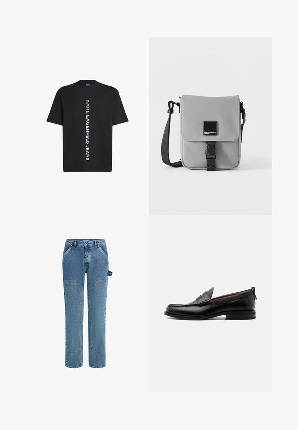 Zwarte katoenen t-shirt met verticale witte tekst "KARL LAGERFELD JEANS." Klassieke ronde hals en korte mouwen. Soepele textuur.; Blauwe denim jeans met een rechte pijpdesign, voorzien van contrasterende patches, twee voorzakken en een zichtbare lusdetail aan de zijkant.; Zwarte leren herensloffen met moc toe stiksel, pennyriem, gestructureerde kraag en lage gestapelde hak op witte achtergrond.; Grijze crossbodytas met zwarte verstelbare band, voorflap beveiligd met een zwarte gesp, met een vierkante Karl Lagerfeld Jeans logo patch.