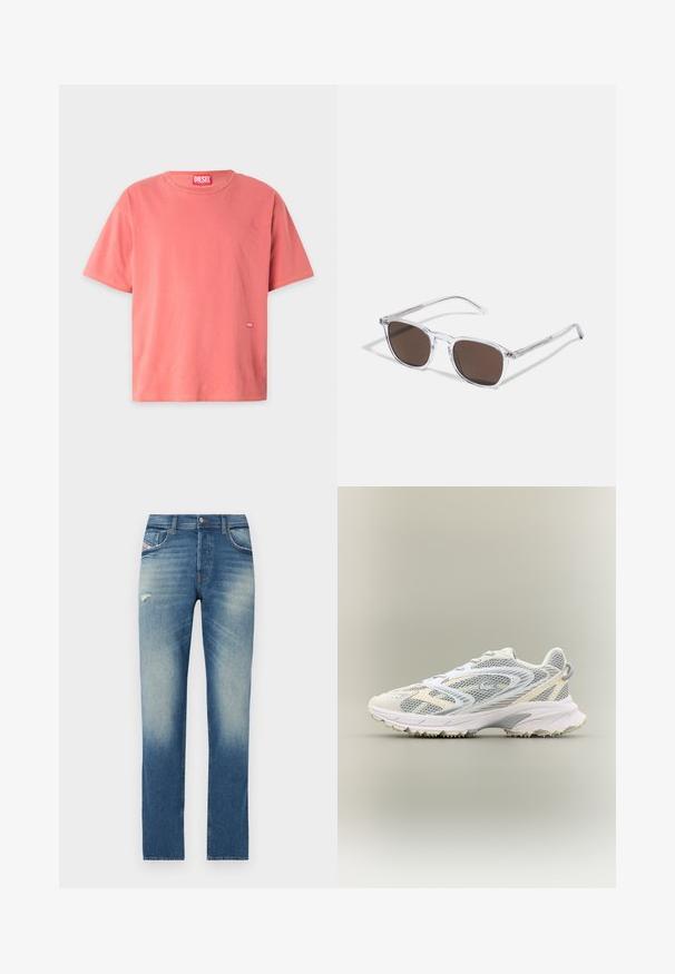 Camiseta de algodón de manga corta en color coral, con cuello redondo, costuras en amarillo que contrastan y un pequeño logo rojo de Diesel en el frente.; Jeans de denim azul con un diseño de pierna recta, que presentan un ligero desvanecimiento, un pequeño detalle desgastado en la parte frontal y un estilo estándar de cinco bolsillos.; Zapatilla deportiva blanca con paneles de malla gris, superposiciones texturizadas, un collar acolchado y una suela de goma con pequeños picos de tracción.; Gafas de sol de plástico transparente con lentes marrones rectangulares, que cuentan con finas varillas transparentes y acentos metálicos en las patillas.