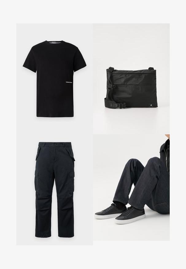 T-shirt en coton noir avec un col rond et des manches courtes, arborant le logo "weekend offender" brodé en blanc sur le côté.; Pantalons cargo noirs en tissu résistant, avec plusieurs poches latérales, design à jambes droites et fermeture à bouton à la taille.; Personne assise avec les jambes pliées, portant un jean bleu foncé et des baskets basses noires avec des semelles blanches sur fond blanc.; Sac messager en nylon noir avec une sangle réglable, un design plat et une étiquette latérale arborant un logo. Texture lisse et style minimaliste.