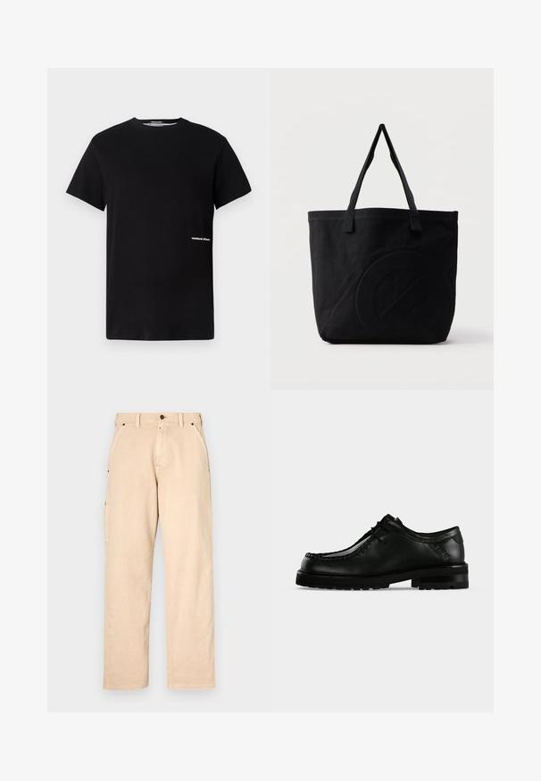 T-shirt en coton noir avec un col rond et des manches courtes, arborant le logo "weekend offender" brodé en blanc sur le côté.; Pantalon en coton beige avec une coupe droite, doté de poches latérales, de passants de ceinture et d'une fermeture à bouton à l'avant. Texture lisse, design minimaliste.; Chaussure en cuir noir à lacets avec semelle épaisse en caoutchouc et couture moc toe, vue de profil gauche sur fond clair uni.; Sac fourre-tout en toile noire avec deux bandoulières et un motif circulaire discret en relief sur le devant.