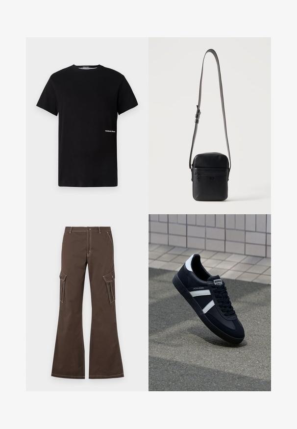 T-shirt en coton noir avec un col rond et des manches courtes, arborant le logo "weekend offender" brodé en blanc sur le côté.; Pantalons cargo marron avec des jambes évasées, dotés de poches latérales, d'accents de couture blanche et d'une fermeture à bouton en métal.; Sneaker en cuir noir avec des rayures blanches, semelle en caoutchouc texturée et devant à lacets. Présente une étiquette de marque sur la languette.; Sac bandoulière rectangulaire en cuir noir avec poche zippée à l'avant et bandoulière réglable sur fond uni.
