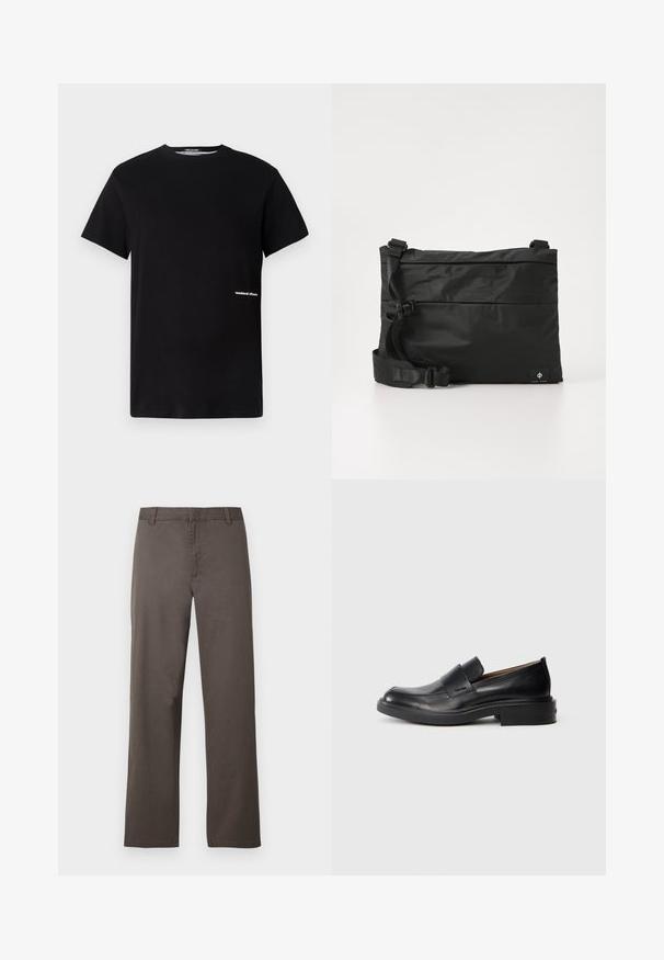 T-shirt en coton noir avec un col rond et des manches courtes, arborant le logo "weekend offender" brodé en blanc sur le côté.; Pantalon en coton marron avec une coupe droite, doté de passants de ceinture et une texture lisse. Aucun motif visible ni détail de quincaillerie.; Chaussure habillée noire en cuir, à enfiler, avec un petit talon et un logo Calvin Klein discret sur le côté, présentée de profil sur un fond blanc.; Sac messager en nylon noir avec une sangle réglable, un design plat et une étiquette latérale arborant un logo. Texture lisse et style minimaliste.
