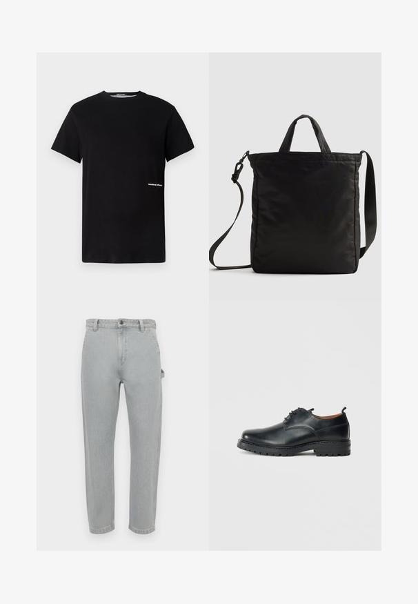 T-shirt en coton noir avec un col rond et des manches courtes, arborant le logo "weekend offender" brodé en blanc sur le côté.; Jean en denim gris clair à coupe droite. Dispose d'une taille classique, de cinq poches et d'une légère décoloration pour plus de texture.; Chaussures derby en cuir noir avec une texture lisse, bout rond, design à lacets et une semelle en caoutchouc épaisse et robuste.; Sac en nylon noir avec des poignées courtes et une bandoulière amovible, présentant un design élégant matelassé et des accents de matériel minimalistes.