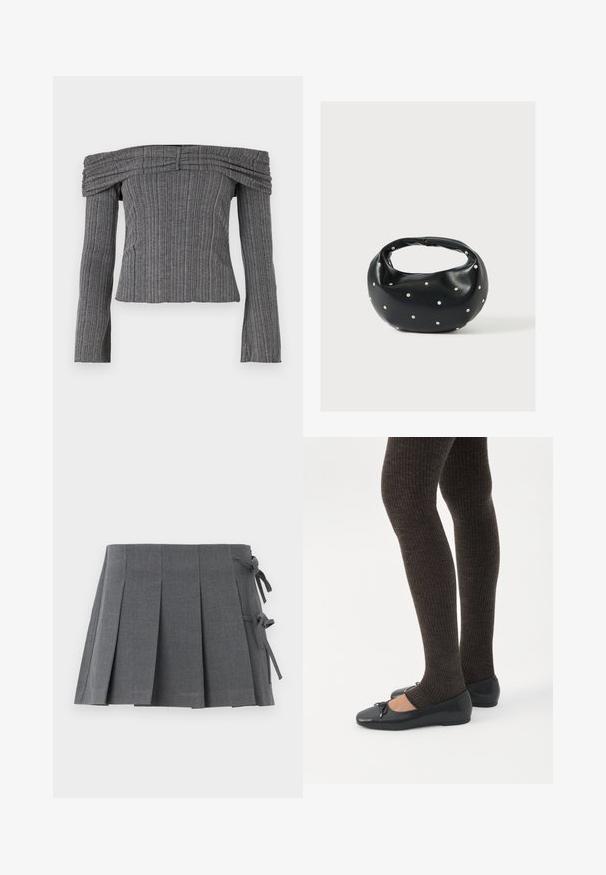 Off-the-shoulder top i tekstureret grå stof med lodrette striber, der har lange ærmer og sammensyning langs halsudskæringen.; Grå plisseret mininederdel i et struktureret stof med bindelukning på den ene side og en glat linning for øget komfort.; Ben iført mørke ribbede leggings kombineret med sorte balletsko med små sløjfedetaljer på hvid baggrund.; Sort læderhåndtaske med en rundet form, dekoreret med sølvnitter, og et kort håndtag. Glat tekstur og lynlåslukning.