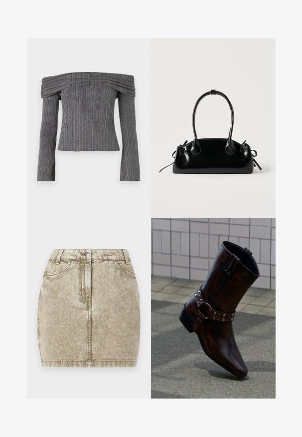 Off-the-shoulder top i tekstureret grå stof med lodrette striber, der har lange ærmer og sammensyning langs halsudskæringen.; Khaki denimnederdel med en tekstureret overflade, fem lommer, knaplukning foran og sydekoration langs kanterne.; Mørkebrune læderankelstøvler med sølvnitter og en remdetalje, vist mod en baggrund af fliser på væggen og betongulv.; Lille sort blank håndtaske med to lange håndtag og snøre-detaljer i siden på en ensfarvet lys baggrund.