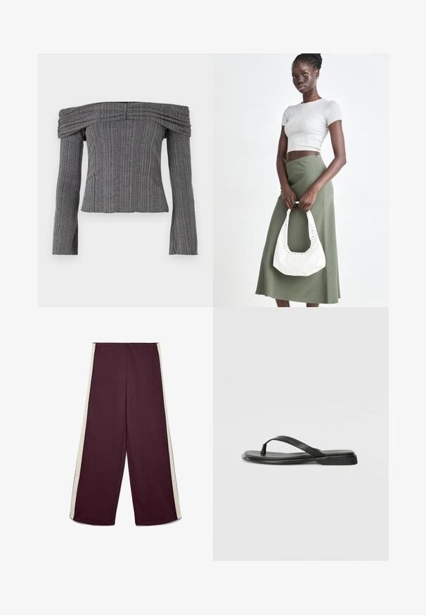 Off-the-shoulder top i tekstureret grå stof med lodrette striber, der har lange ærmer og sammensyning langs halsudskæringen.; Vinrøde bukser med vide ben, hvide sidelommer, flad front og høj talje.; Sorte flip-flops lavet af glat læder, med et tyndt remdesign og en flad sål med et minimalt profil. Ingen bemærkelsesværdige mønstre eller accenter.; Grå ribbet crop top og olivengrøn højhøjdet nederdel. Modellen holder en hvid skuldertaske med udskæringsdetaljer. Enkel design, tætsiddende silhuet.