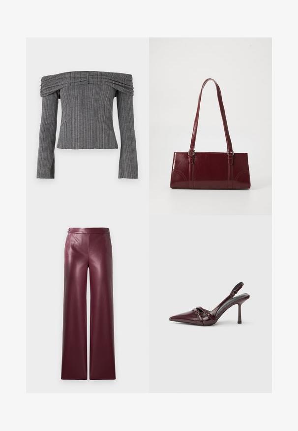 Off-the-shoulder top i tekstureret grå stof med lodrette striber, der har lange ærmer og sammensyning langs halsudskæringen.; Bordeaux farvet imiteret læderbukser med bred ben-design, der har en glat tekstur og knapdetaljer ved taljen.; Bourgogne laklæder slingback-hæl med spids tå, tynd ankelrem og lille dekorativ spænde. Glat tekstur og høj hæl.; Bordeaux håndtaske lavet af glansfuldt materiale, rektangulær form, med to skulderremme og subtile buede detaljer på forsiden.