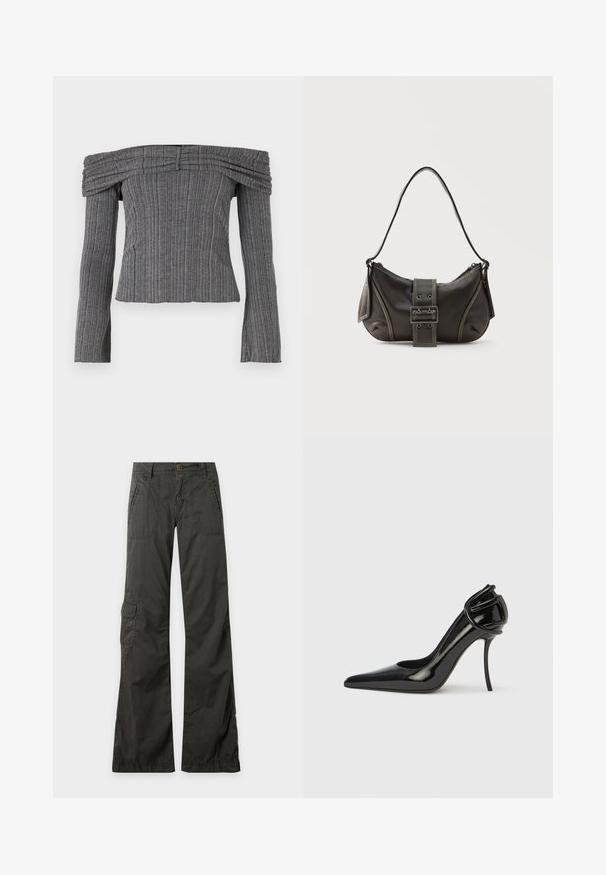 Off-the-shoulder top i tekstureret grå stof med lodrette striber, der har lange ærmer og sammensyning langs halsudskæringen.; Mørkegrå vidde bukser med front- og sidelommer med klap, bæltestropper og en knaplukning i taljen på en ensfarvet baggrund.; Sort laklædersko med høj hæl, spids tå og åben hæl. Har en unik buet detalje ved hælen. Slank og glansfuld finish.; Sort læder skuldertaske med spænde på remmen, afrundede kanter og kontrasterende hvide syninger på en ensfarvet baggrund.