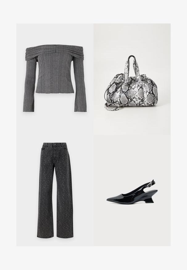 Haut décolleté en tissu gris texturé avec des rayures verticales, présentant des manches longues et des détails froncés le long de l'encolure.; Noisy May Rhinestone - Jean boyfriend - black denim; Chaussure slingback en cuir verni noir avec bout pointu et petit talon bloc incliné sur fond clair uni.; Sac à main en motif peau de serpent noir et blanc avec deux poignées, une fermeture à cordon et une bandoulière amovible. Texture lisse.
