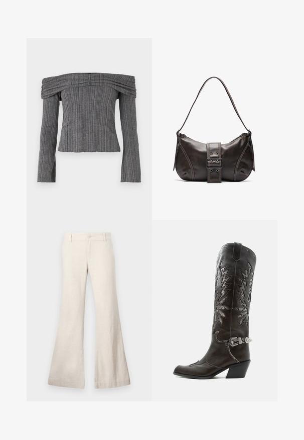 Top off-the-shoulder en tejido gris texturizado con rayas verticales, que presenta mangas largas y detalles fruncidos a lo largo del escote.; Pantalones beige acampanados confeccionados en una mezcla de lino ligera. Cuentan con un cierre de botón en la parte delantera y bolsillos laterales. Textura suave, diseño casual.; Bota cowboy de cuero negro con recortes decorativos, hebilla plateada y tacón inclinado, presentada sobre fondo blanco.; Bolso de hombro de cuero marrón con forma curva, que presenta un prominente detalle de hebilla, costuras en contraste y una sola correa para el hombro.