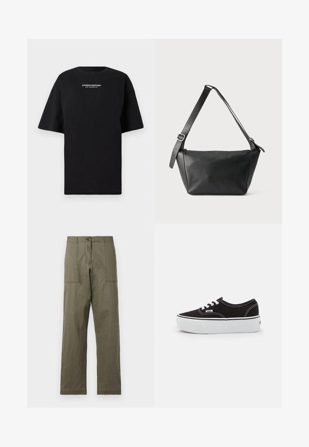 T-shirt noir surdimensionné en coton, avec un col rond et des manches courtes, portant l'inscription "ÉDITION STUDIO" en blanc.; Pantalons vert olive en coton, avec une coupe droite, deux grandes poches latérales et une fermeture à bouton à la taille.; Baskets en toile noires avec une semelle en caoutchouc blanc, dotées de lacets et de coutures blanches, marquage emblématique sur le côté, design basse.; Sac à bandoulière en cuir noir avec une large sangle réglable et une boucle argentée, présenté sur un fond clair uni.