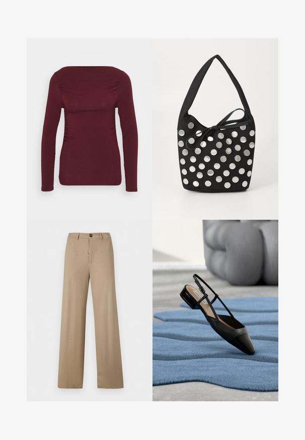 Bordeaux lange mouw top gemaakt van zachte stof, met een vierkante halslijn en zijschuring voor een aansluitend ontwerp. Soepele textuur zonder patronen.; Beige broek met hoge taille en wijde pijpen, met riemlussen en een enkele knoopsluiting in de taille.; Zwarte slingback schoen van lakleer met een lage blokhak, rustend op een gestructureerd blauw golvend tapijt en grijze, gewatteerde meubels.; Zwarte stoffen handtas met een ronde vorm, voorzien van zilveren ronde metalen studs die in een patroon zijn gerangschikt, en een strik van stof.