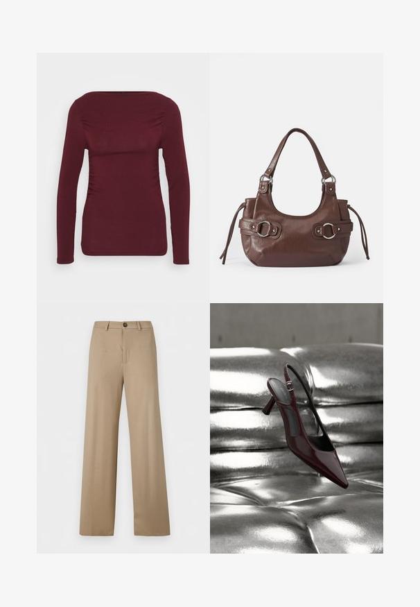 Bordeaux lange mouw top gemaakt van zachte stof, met een vierkante halslijn en zijschuring voor een aansluitend ontwerp. Soepele textuur zonder patronen.; Beige broek met hoge taille en wijde pijpen, met riemlussen en een enkele knoopsluiting in de taille.; Glanzende donkerrode slingback pumps met hoge hak en puntige neus, gepresenteerd op een glanzend zilveren, getuft leren oppervlak.; Bruine leren handtas met ronde vorm, zilveren hardware, twee zijriemen en een gladde textuur. Beschikt over een enkele handgreep aan de bovenkant.