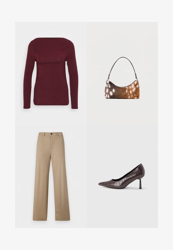 Top de manga larga burdeos, fabricado con tejido suave, que presenta un escote cuadrado y fruncidos laterales para un diseño ajustado. Textura lisa sin patrones.; Pantalones beige de talle alto, pierna ancha, con trabillas para cinturón y cierre de un solo botón en la cintura.; Tacones puntiagudos de cuero sintético marrón con textura de cocodrilo, con un tacón delgado y angular y un forro interior suave.; Bolso de hombro con piel sintética de manchas marrones y blancas y una correa negra delgada, mostrado sobre un fondo blanco.