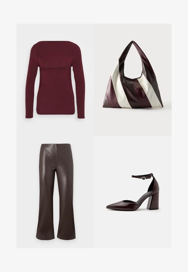 Top de manga larga burdeos, fabricado con tejido suave, que presenta un escote cuadrado y fruncidos laterales para un diseño ajustado. Textura lisa sin patrones.; Pantalones acampanados de poliuretano marrón con cintura alta y textura suave, que presentan un diseño limpio y ajustado con aperturas de pierna anchas.; Zapato de tacón alto de cuero marrón oscuro con punta puntiaguda, correa en el tobillo y hebilla plateada sobre fondo blanco.; Bolso grande de cuero triangular con amplias rayas diagonales en colores marrón oscuro, burdeos y crema sobre un fondo liso.