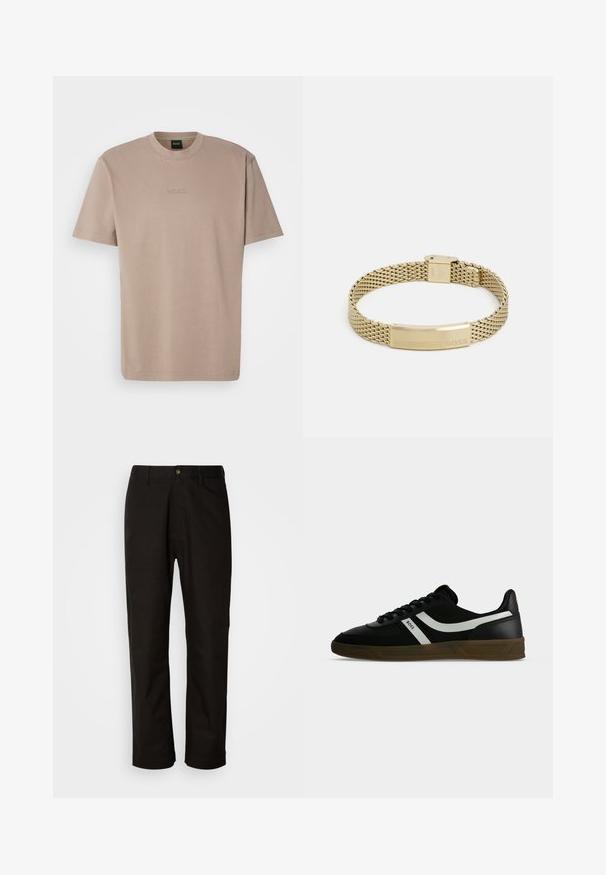 T-shirt beige à manches courtes en coton doux avec un col rond, affichant un logo "BOSS" brodé sur la poitrine.; Pantalon en coton noir avec une coupe droite, des passants de ceinture, une fermeture éclair à l'avant et un seul bouton. Texture lisse sans motifs visibles.; Baskets basses noires avec semelle marron, bandes blanches sur les côtés, lacets noirs et texte "BOSS" sur le côté, vues de profil extérieur.; Bracelet en maille dorée avec une plaque plate gravée du mot "BOSS". Le design est élégant avec une texture métallique et un fermoir sécurisé.