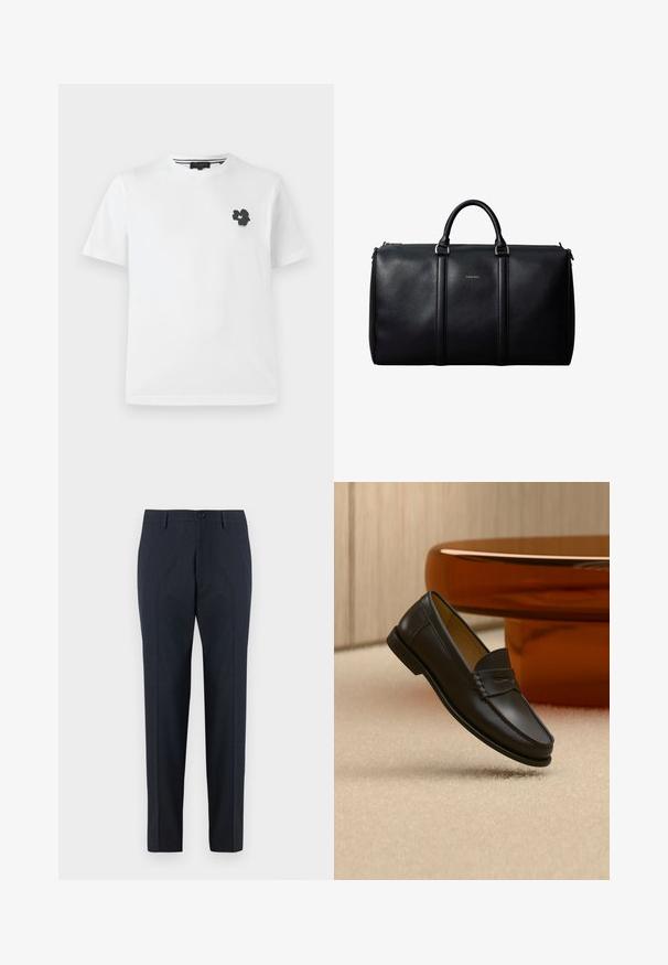 Hvid bomulds T-shirt med v-udskæring, der har et lille sort blomsterprint på venstre brystområde. Korte ærmer med en afslappet pasform.; DRYKORN AJEND - Chino - blue; Sort læder loafer-sko hængende over beige tæppe med ravfarvet moderne møblement i baggrunden.; Sort læder rejsetaske med to håndtag, diskret Calvin Klein-logo i midten og detaljer i sølvfarvet metal.