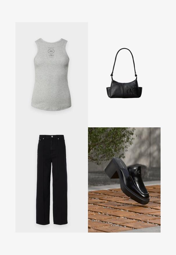Débardeur en coton gris avec un col rond, sans manches et une étiquette imprimée au centre. Texture lisse et coupe ajustée.; Pantalons larges en denim noir à taille haute, comportant cinq poches, une fermeture à bouton en métal et des coutures droites le long des côtés.; Mule slip-on en cuir noir Calvin Klein avec talon bloc reposant sur des carreaux en bois à l'extérieur près d'une plante verte et d'un mur gris.; Sac à bandoulière en cuir noir avec une longue sangle, des poches latérales et le logo Calvin Klein embossé sur le devant.