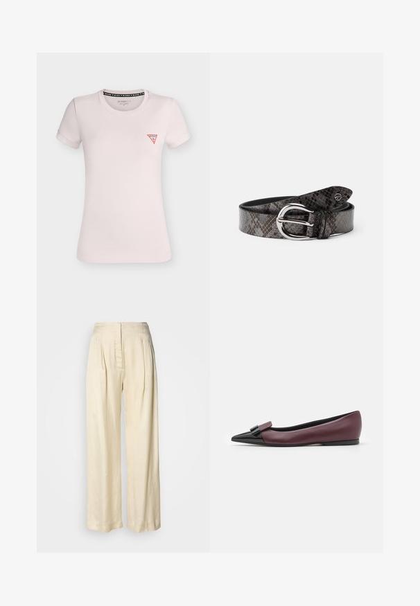 T-shirt ajusté rose clair à manches courtes, col rond et petit logo triangle rouge Guess sur la poitrine gauche.; Pantalon en soie crème taille haute avec plis, jambes larges et fermeture éclair avant dissimulée sur un fond blanc uni.; Chaussure plate en cuir bordeaux avec un bout pointu, présentant un accent noir brillant à l'avant et un design élégant.; Ceinture avec un motif de peau de serpent texturé dans des teintes de gris, dotée d'une boucle ronde argentée et d'une doublure intérieure en cuir noir lisse.