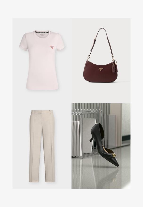 T-shirt ajusté rose clair à manches courtes, col rond et petit logo triangle rouge Guess sur la poitrine gauche.; Pantalon beige droit avec plis devant, passants pour ceinture et fermeture avant dissimulée, présenté sur un fond blanc uni.; Chaussure noire à talon kitten à bout pointu avec un emblème doré sur l’orteil, présentée en suspension dans l’air devant une surface réfléchissante et une étagère métallique.; Sac à bandoulière en cuir marron foncé texturé avec bandoulière réglable, logo triangulaire Guess et deux étiquettes en cuir suspendues à des anneaux dorés.