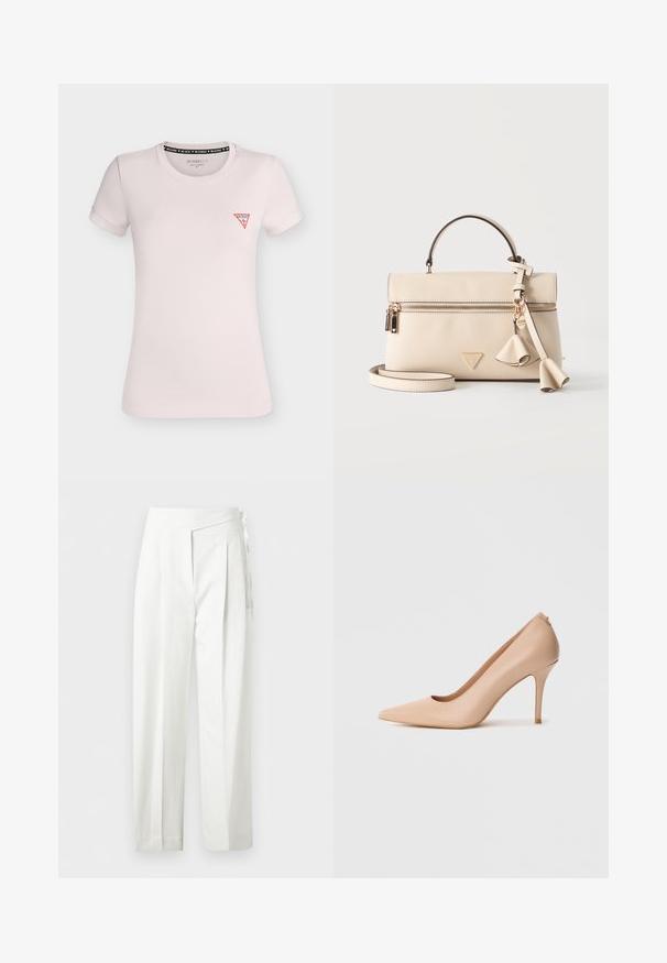 T-shirt ajusté rose clair à manches courtes, col rond et petit logo triangle rouge Guess sur la poitrine gauche.; Pantalon blanc taille haute avec plis et détail de nœud sur le côté, coupe droite et fermeture cachée.; Escarpin à talon haut en cuir beige avec un bout pointu, une texture lisse et un talon aiguille fin. Design minimaliste avec un style à enfiler.; Sac à main en cuir beige avec poignée supérieure, poche zippée, pompons décoratifs et bandoulière amovible sur fond uni.