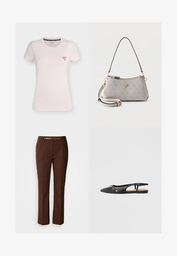 T-shirt ajusté rose clair à manches courtes, col rond et petit logo triangle rouge Guess sur la poitrine gauche.; Pantalons marron ajustés avec une texture lisse, dotés d'un accent chaîne en or au niveau de la taille et d'une coupe droite.; Mocassin plat à bout pointu en cuir noir avec breloques décoratives dorées sur le dessus et une petite bride à boucle au talon.; Sac à main de créateur gris clair avec texture subtilement motifée, plaque logo dorée, poignée unique sur le dessus et bandoulière réglable et amovible.