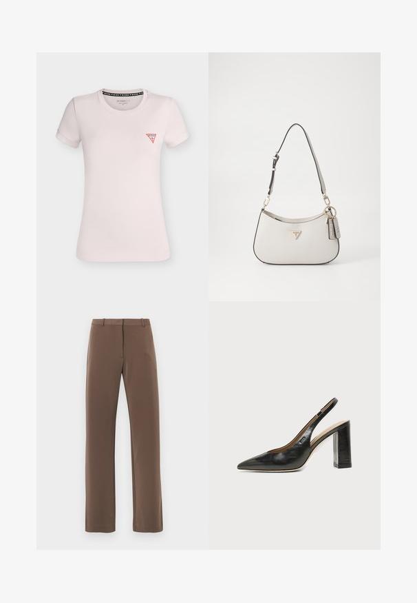 T-shirt ajusté rose clair à manches courtes, col rond et petit logo triangle rouge Guess sur la poitrine gauche.; Pantalon marron à jambes droites avec une texture lisse, doté d'une ceinture avec passants et de deux poches latérales. Design classique, sans motifs.; Chaussure slingback en cuir noir à bout pointu avec un talon bloc haut et une doublure intérieure beige sur un fond clair uni.; Sac à main texturé blanc avec une forme incurvée, des finitions dorées, une bandoulière amovible et un accent de logo. Comprend une étiquette porte-clés avec la marque.