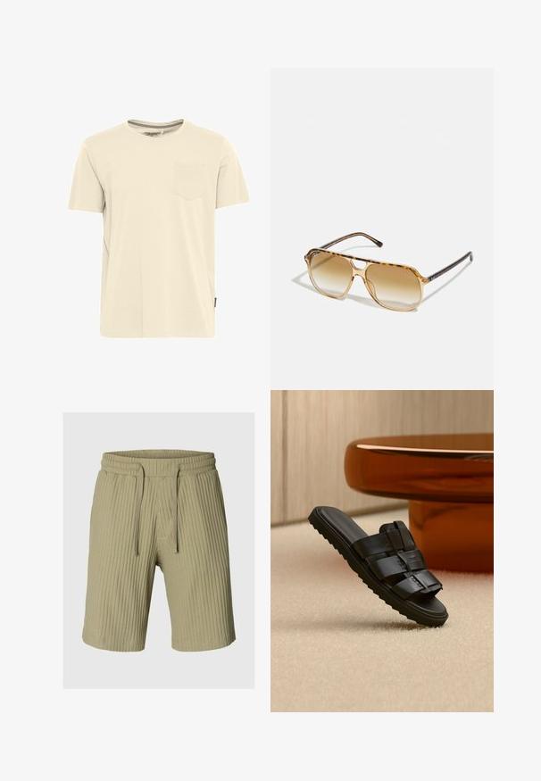 Lichtbeige T-shirt met korte mouwen van katoen, met een ronde hals en een klein borstzakje aan de linkerkant. Textuurdetail bij de kraag.; Beige geribde gebreide shorts met elastische tailleband en trekkoord, knielengte, casual stijl.; Zwarte leren slideslipper met brede banden en geribbelde zool op beige tapijt nabij een bruine ronde salontafel.; Schildpad zonnebril met een rechthoekig montuur, bruin vervagende lenzen en slanke zwarte pootjes met subtiele logo-accenten.